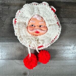 Vintage Handmade Crocheted Plastic Santa Face Wall Hanging with Bells